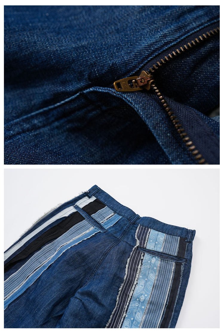 Japanese Vintage Patchwork Denim Shorts – Handmade Ethnic Strip Panel Summer Streetwear – Japanese vintage | yamalin clothes | Yamalinclothes