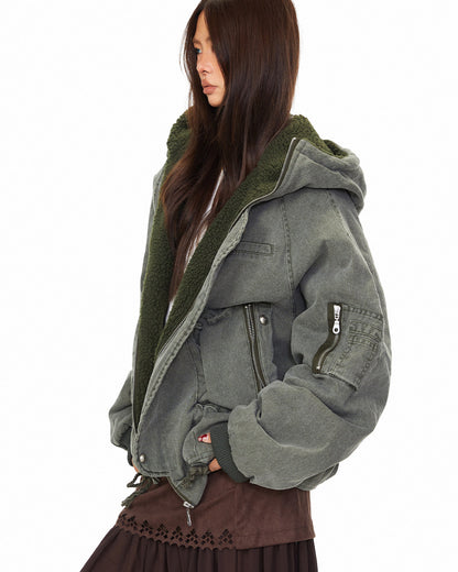 Polar Fleece Hooded Denim Cargo Jacket – Thickened Oversized Unisex