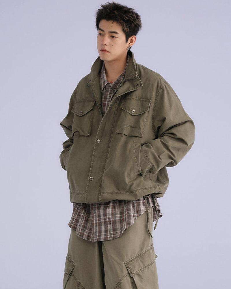 American Retro Stand Collar Cargo Jacket – Loose Unisex Autumn