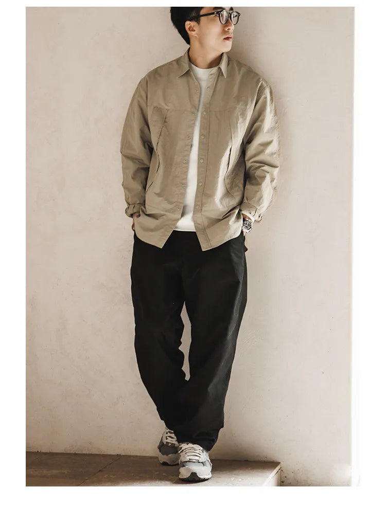 Japanese Workwear Pleated Layered Long-Sleeve Shirt Jacket – Cleanfit Silhouette Men’s Spring Autumn – Japanese vintage | yamalin clothes | Yamalinclothes