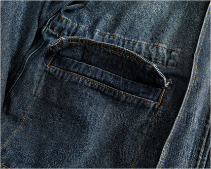 Heavyweight Washed Denim Jacket – Vintage Workwear Multi-Pocket Drawstring Coat