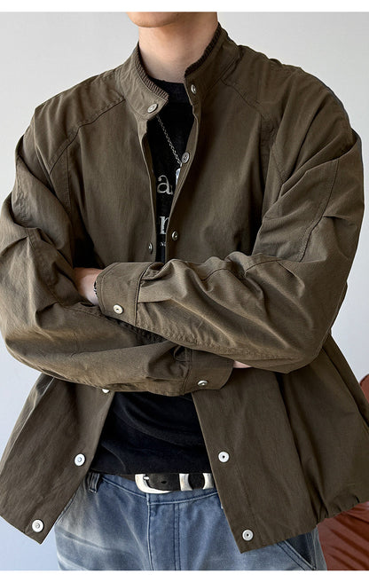 Lyocell Blend Stand-Collar Utility Jacket – Deconstructed Oversized – Japanese vintage | fall outfits 2026 | fall winter outfits | classy winter outfits | lazy comfy outfits | japanese streetwear | vintage workwear | yamalin clothes | Yamalinclothes