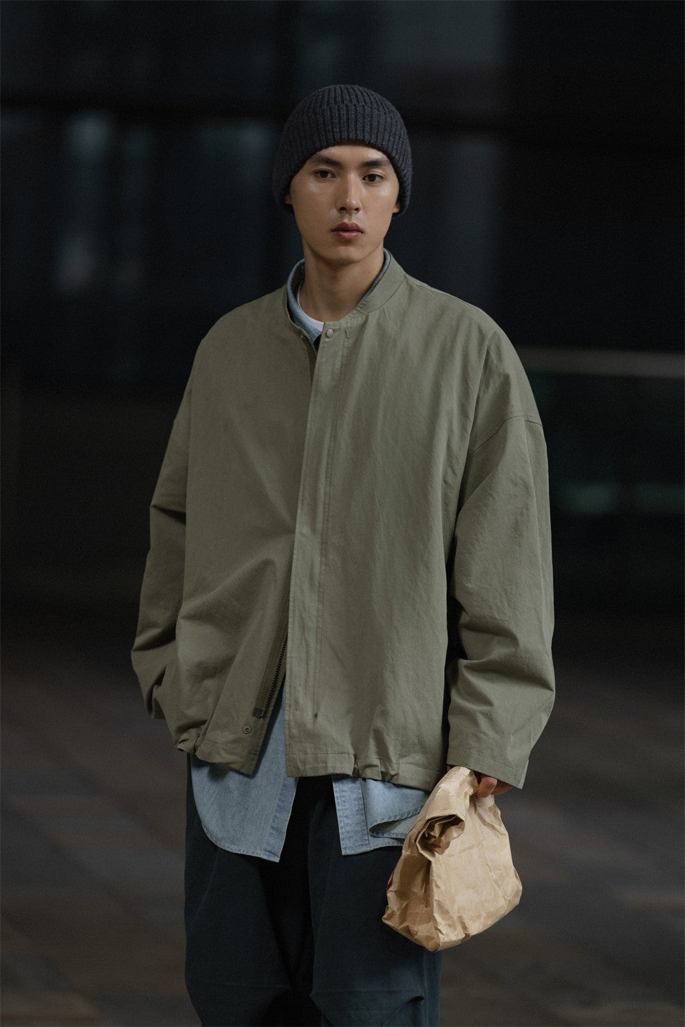 Washed Army Green Stand Collar Zip Jacket – Men's Loose Cargo Overshirt