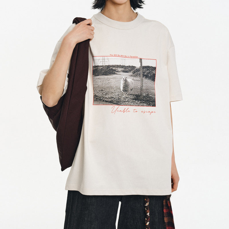 White ink direct printing cool-feel sun protection loose round neck short-sleeved shirt | Japanese vintage | yamalin clothes | Yamalinclothes