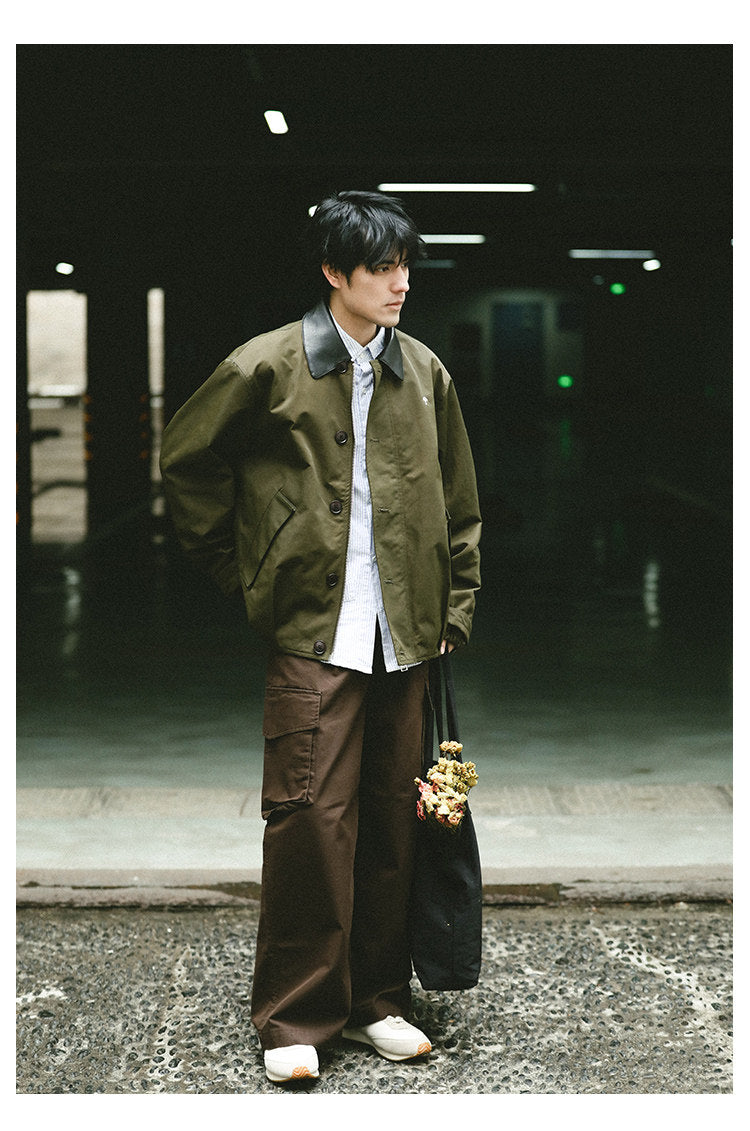 American Vintage Hunting Jacket – Heavy Leather-Collar Harrington Cargo Coat Unisex