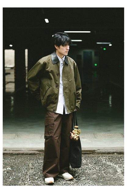 American Vintage Hunting Jacket – Heavy Leather-Collar Harrington Cargo Coat Unisex