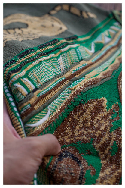 Vintage Green Lion Knit Sweater - Japanese Retro Crew Neck Pullover