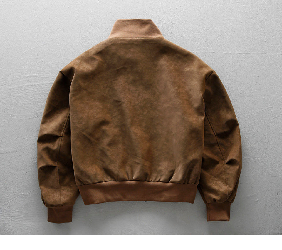 American Vintage Suede PU Leather Stand-Collar Jacket – Oversized Men’s Moto Coat