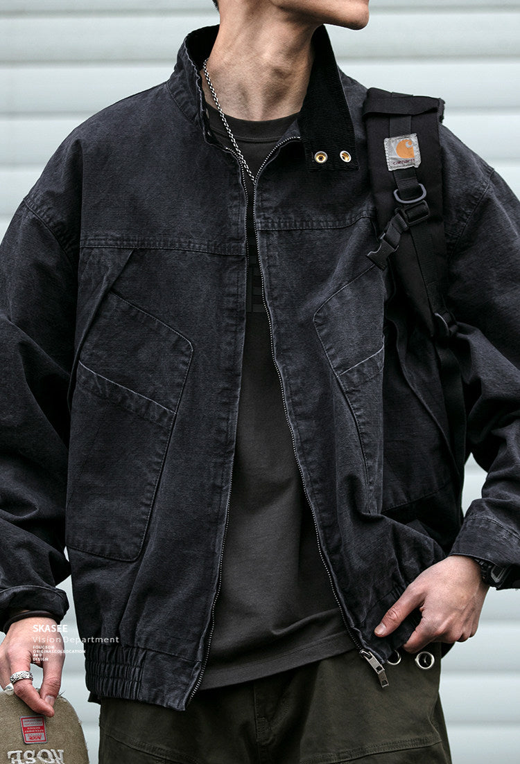 Japanese Retro Deconstructed Stand Collar Hunting Cargo Jacket – Loose Drop Shoulder for Men | Japanese vintage | yamalin clothes | Yamalinclothes
