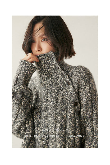 Heavy-duty lazy cashmere sweater, diagonal buttoned floral tulle, thickened twisted high-neck sweater, Korean autumn/winter new women's knitwear | Yamalinclothes