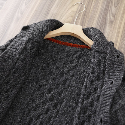 80% Wool Cable Knit Cardigan – Men's Stand Collar Raglan Sleeve Sweater