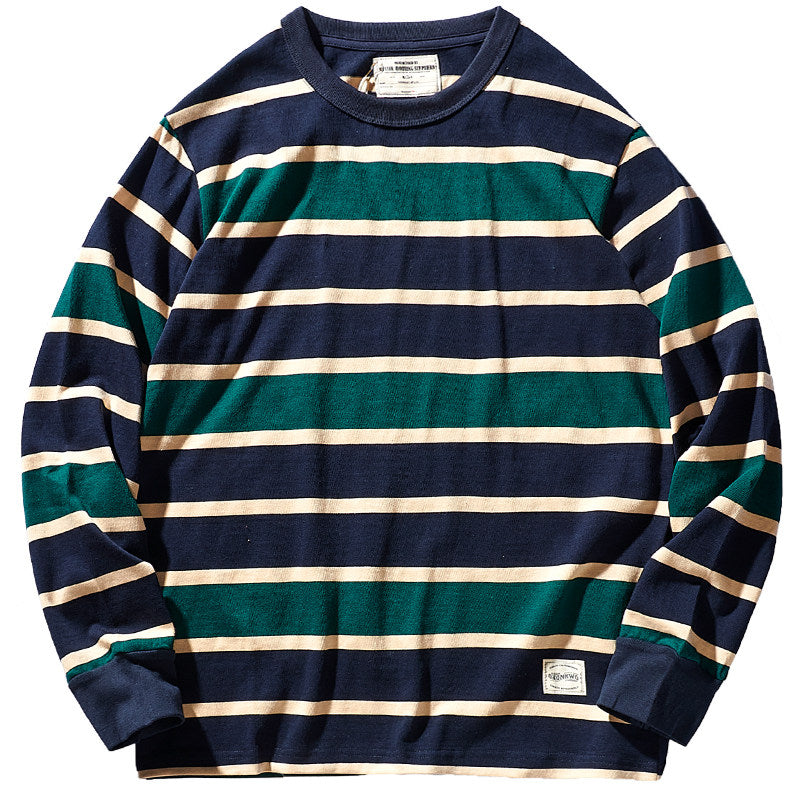 Heavy 300g Cotton Striped Long Sleeve T-Shirt – Japanese Retro Loose Unisex – T-Shirts | japanese streetwear | vintage workwear | unisex | Yamalinclothes