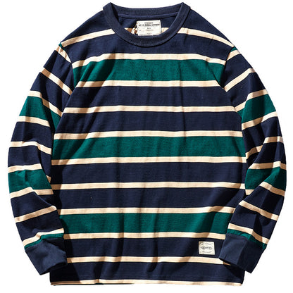 Heavy 300g Cotton Striped Long Sleeve T-Shirt – Japanese Retro Loose Unisex – T-Shirts | japanese streetwear | vintage workwear | unisex | Yamalinclothes