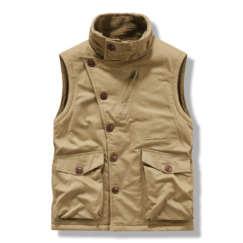 Multi-Pocket Fleece-Lined Utility Vest – Stand Collar Sleeveless Workwear Unisex – Vest | japanese streetwear | vintage workwear | unisex | Yamalinclothes
