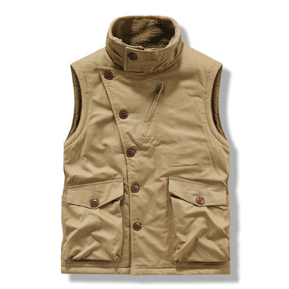 Multi-Pocket Fleece-Lined Utility Vest – Stand Collar Sleeveless Workwear Unisex – Vest | japanese streetwear | vintage workwear | unisex | Yamalinclothes