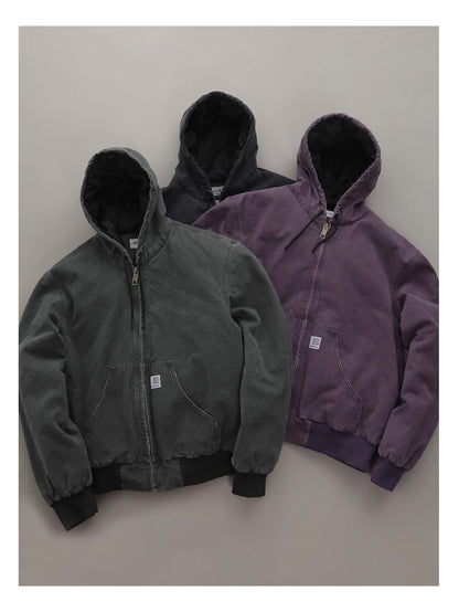 Vintage Wash Distressed Cargo Hoodie Jacket – Thermal Insulated Men's Coat