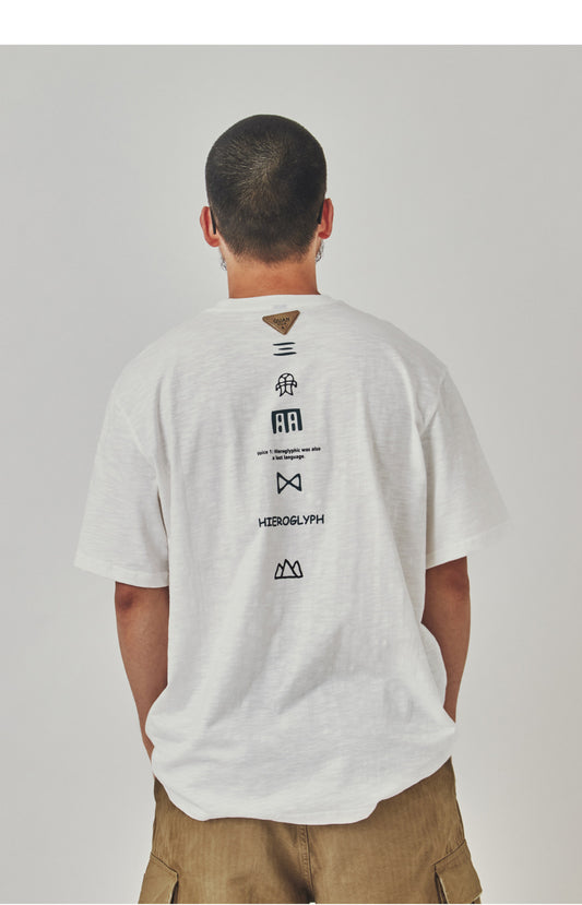T-shirt short sleeve American vintage trendy brand monogram print crew neck bamboo cotton top men's summer