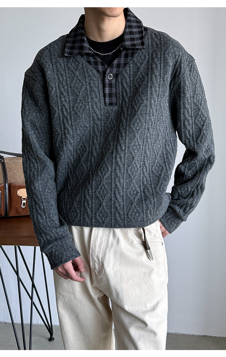 Wool Blend Patchwork Twisted Polo Collar Knit Jacket – Japanese Vintage Unisex – Sweater pullover | japanese streetwear | vintage workwear | unisex | Yamalinclothes