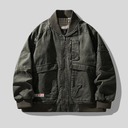 Retro Heavy Cotton Cargo Baseball Jacket – Men's Loose American Workwear