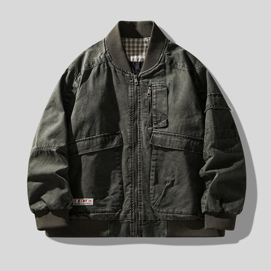 Retro Heavy Cotton Cargo Baseball Jacket – Men's Loose American Workwear