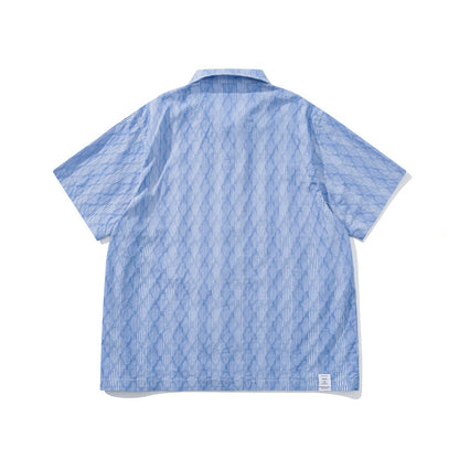 Diamond Texture Striped Short Sleeve Shirt – Loose Unisex Casual Summer