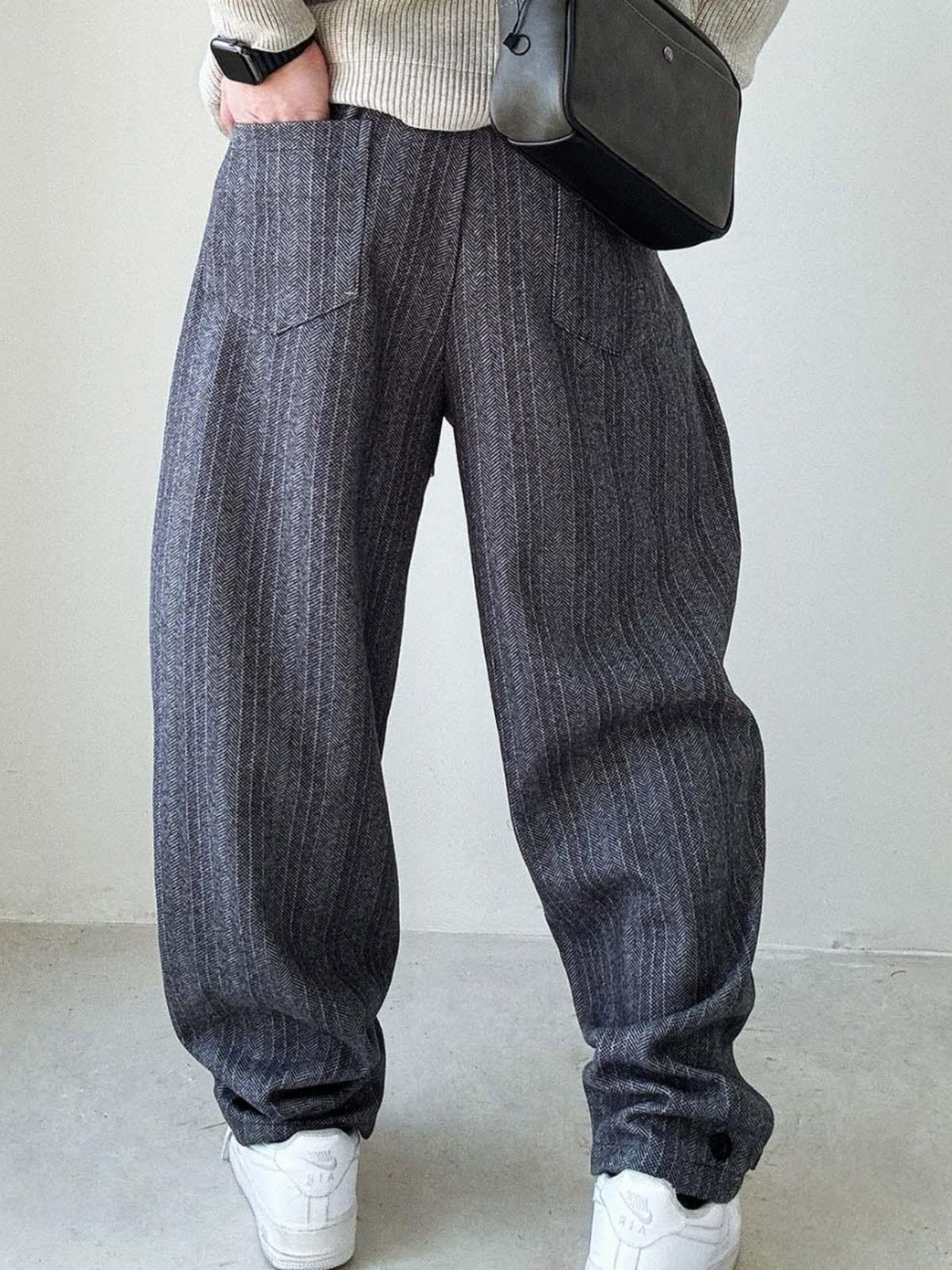 Herringbone Woolen Pants – Relaxed Straight Leg