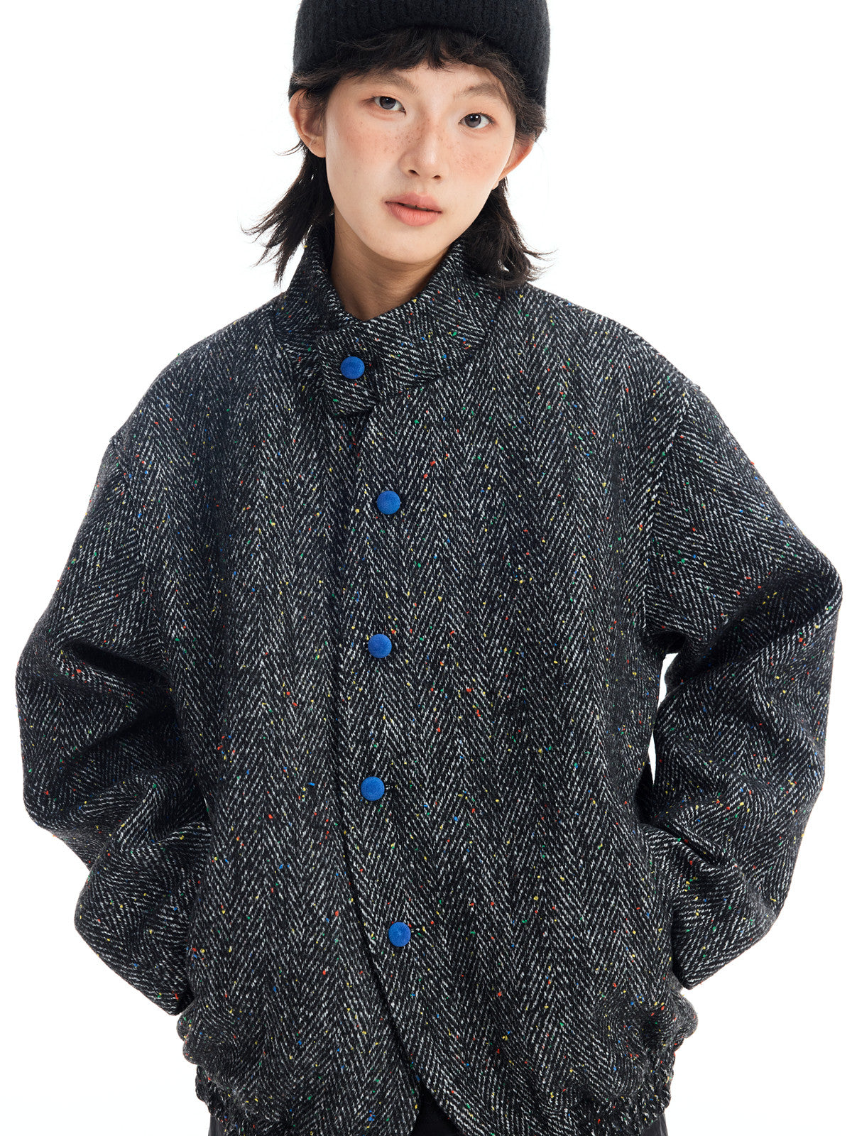 Japanese Retro Color-Block Herringbone Wool Coat - Curved Stand Collar (Women)