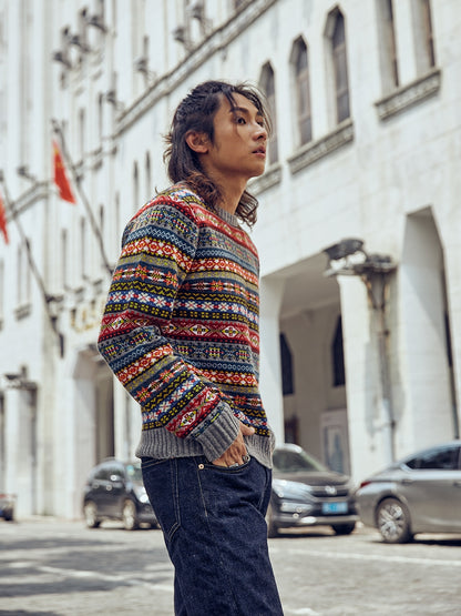 Fair Isle Merino Wool Crew Neck Sweater – Vintage British Retro (Unisex)
