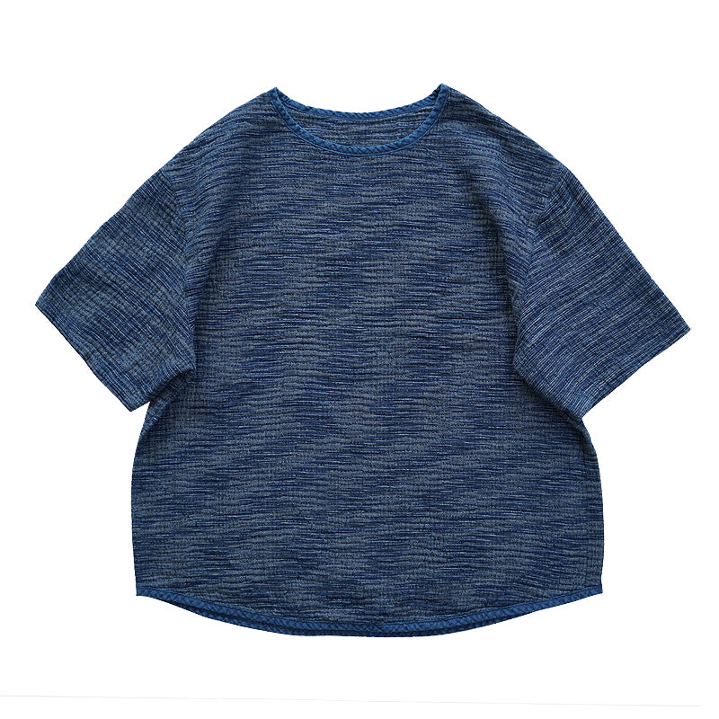 Original Japanese Retro Blue Dyed Sashiko & Kasuri Loose Fit Crew Neck Short Sleeve T-Shirt