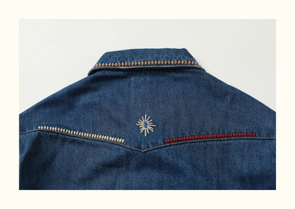 AMI Vintage Distressed Japanese-Style Denim Jacket – Heavy-Duty Embroidered Coat for Men