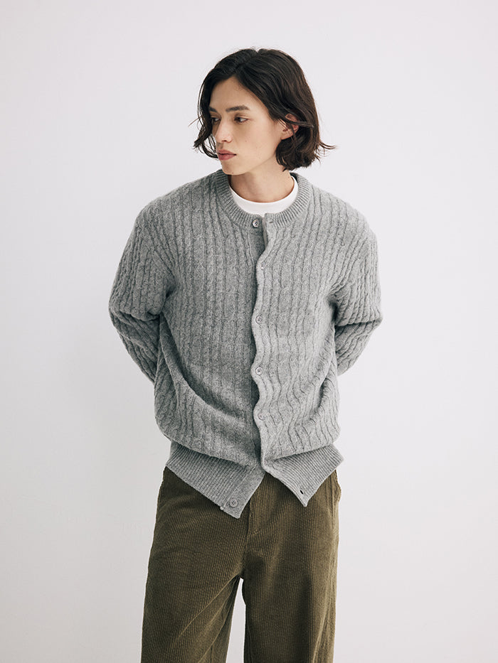 Coke Life Carpem 100% Wool Cable Knit Cardigan - Winter Lazy Style Round Neck Sweater