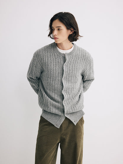 Coke Life Carpem 100% Wool Cable Knit Cardigan - Winter Lazy Style Round Neck Sweater
