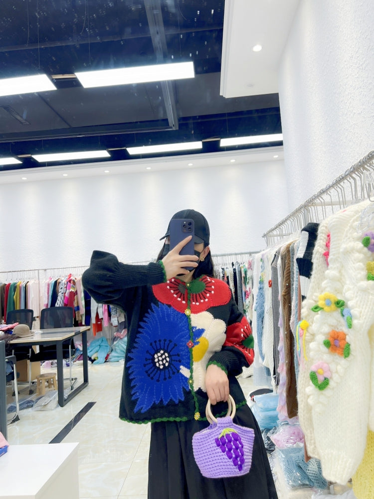 French Style Heavy Embroidery Floral Vintage Knit Sweater for Women 2025 Autumn Winter New Loose Cardigan Coat Trend