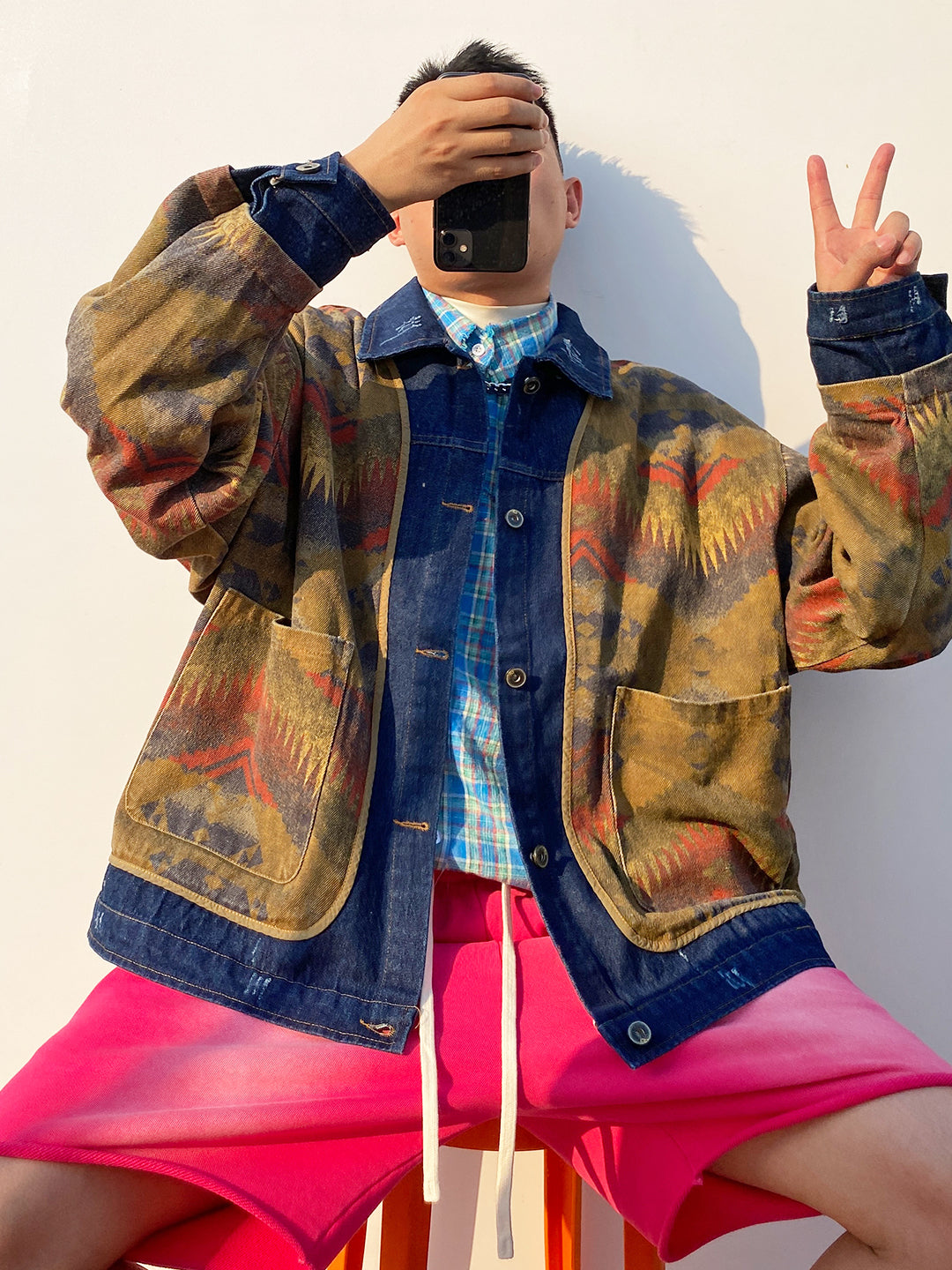 Shanwu Patchwork Blue Lapel Jacket – Retro American Streetwear, Unisex