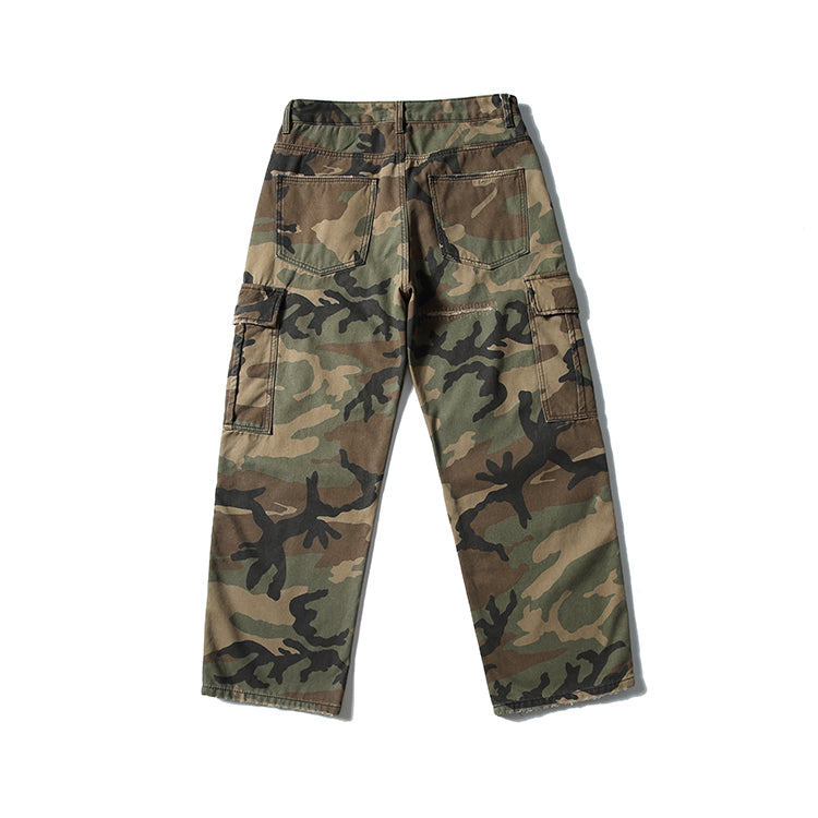 Men's American Street Retro Cargo Pants - Camouflage Heavy Washed Ripped Straight-Leg Pants
