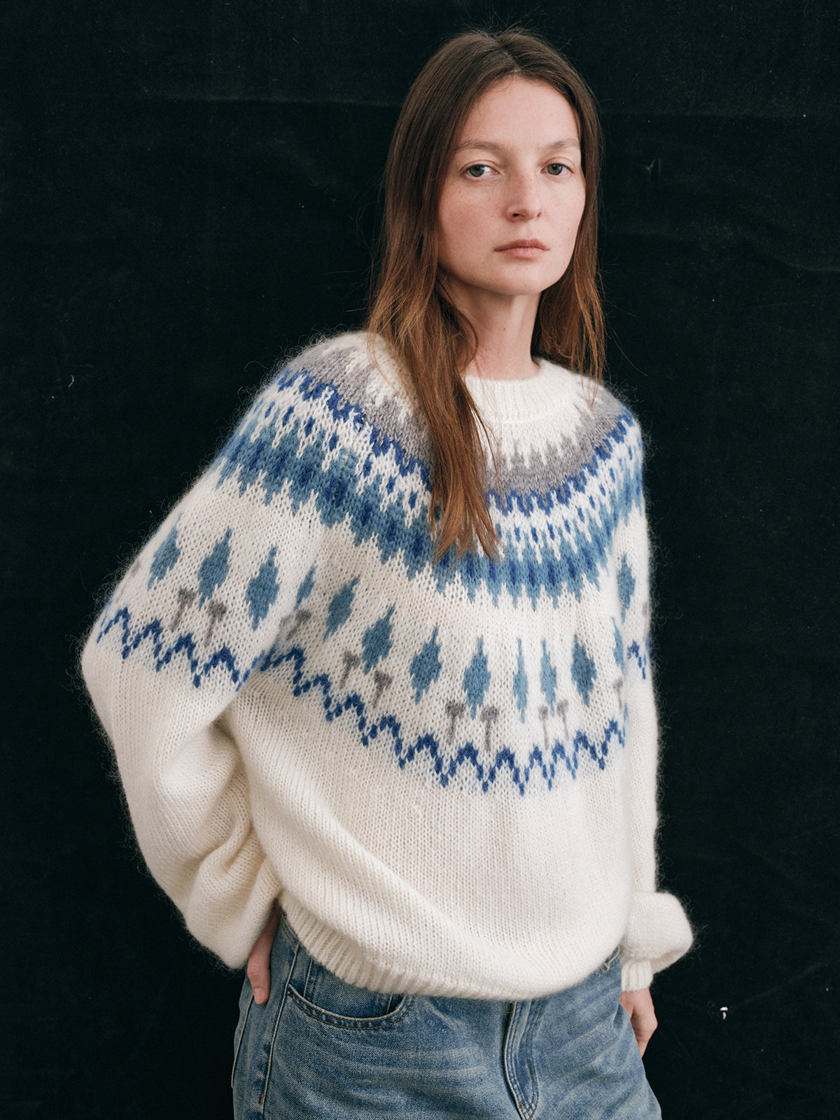 Shyshy Women's Mohair Fair Isle Sweater - High-End Color Block Loose Pullover