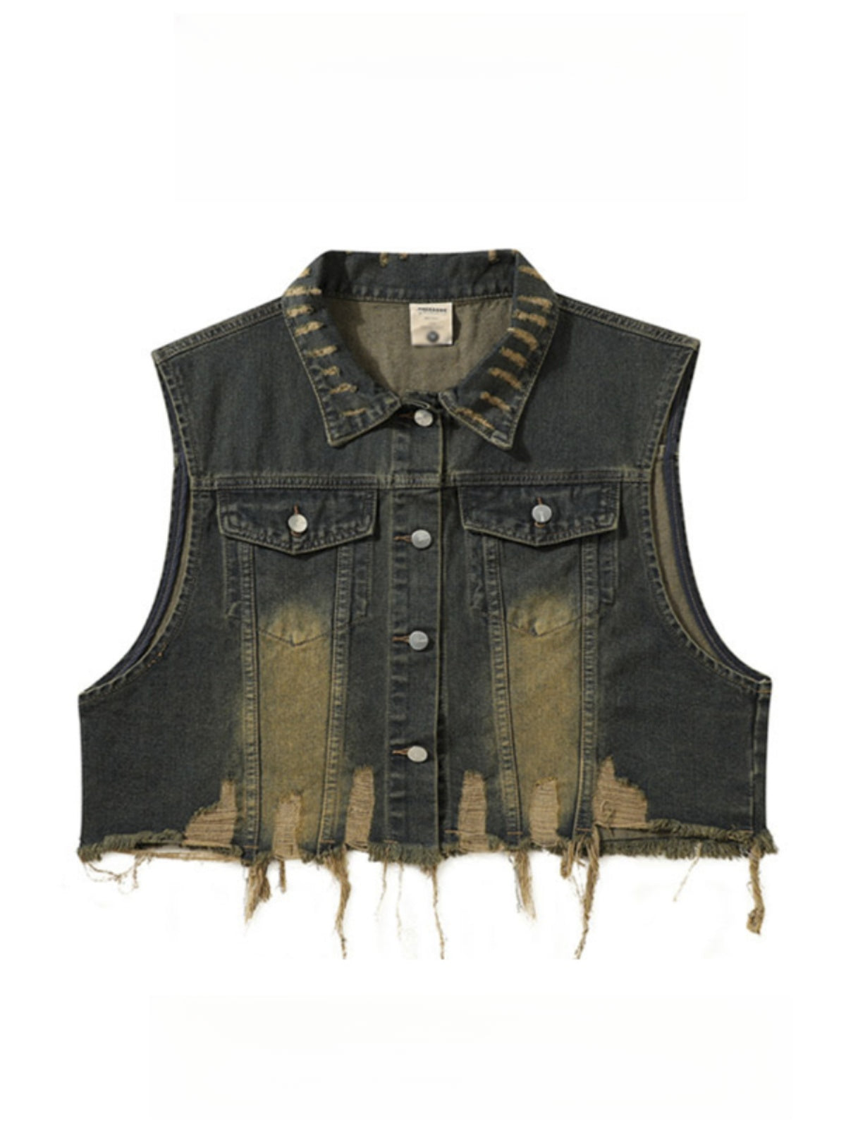 Vintage Distressed Turn-Down Collar Short Fringe Raw Edge Denim Vest Men's Functional Style Workwear Stylish Vintage Vest