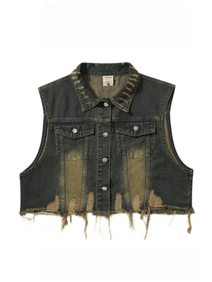 Vintage Distressed Turn-Down Collar Short Fringe Raw Edge Denim Vest Men's Functional Style Workwear Stylish Vintage Vest