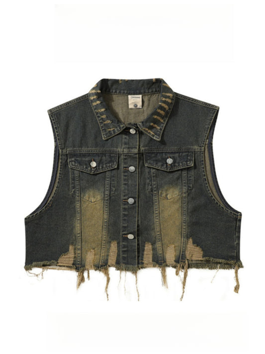 Vintage Distressed Turn-Down Collar Short Fringe Raw Edge Denim Vest Men's Functional Style Workwear Stylish Vintage Vest