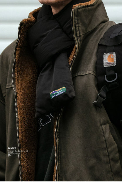 Heavy-Duty Washed Vintage Cotton Jacket - Lambswool Lined Stand Collar Coat (Men)