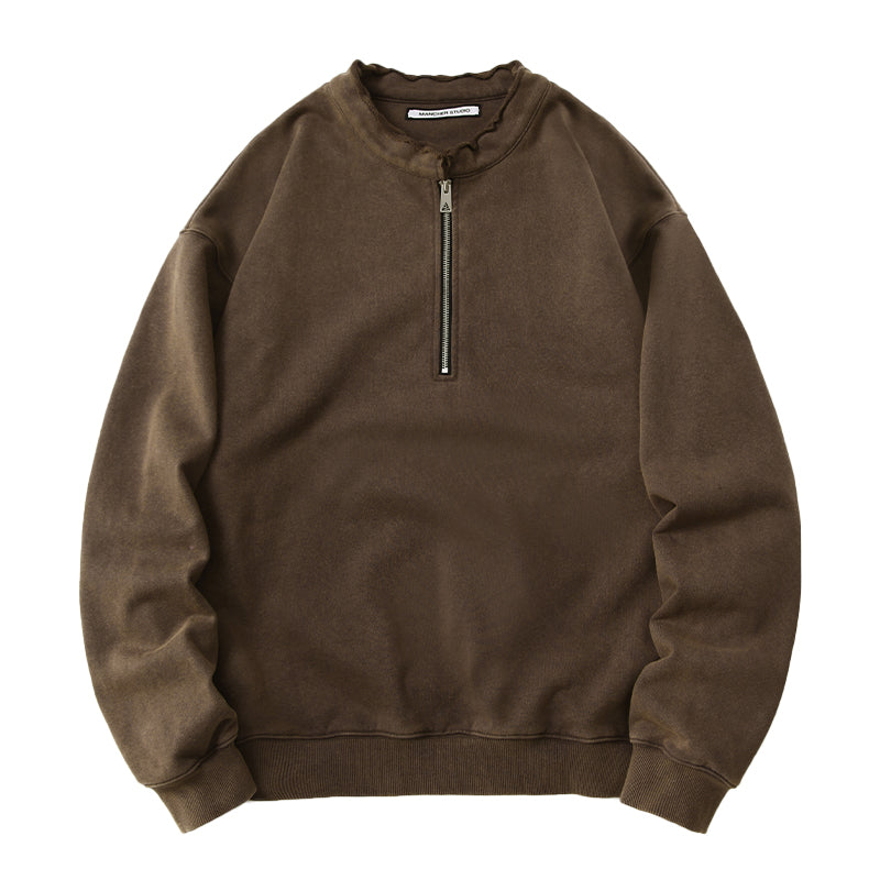 465G Snowflake Molle Diagonal Half-Zip Sweatshirt Men's Boxy Short Wide Washed Vintage Pullover Jacket Trendy