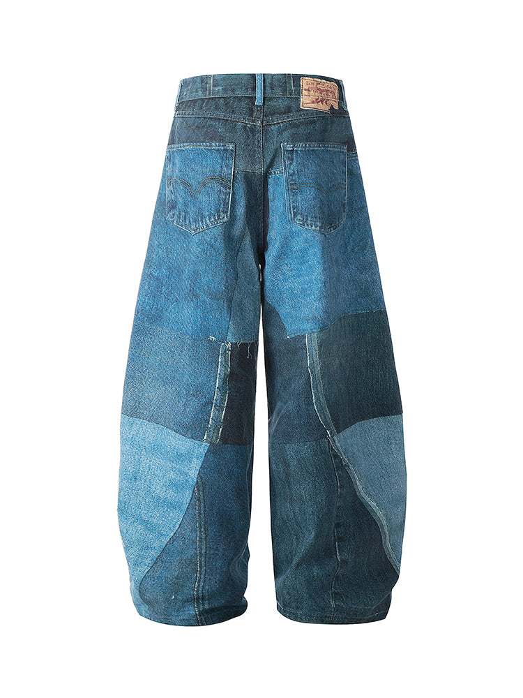 Printed Washed Denim Fabric Creative Design Color Block Feel Scimitar Pants Wide Leg Jeans