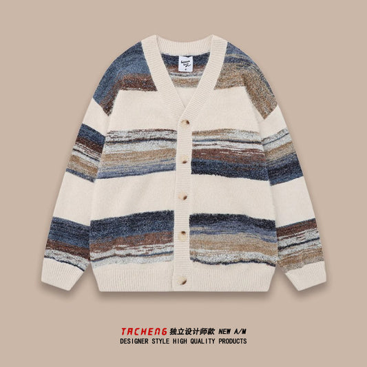 Retro Striped Cardigan Sweater – Simple Unisex Designer Knitwear