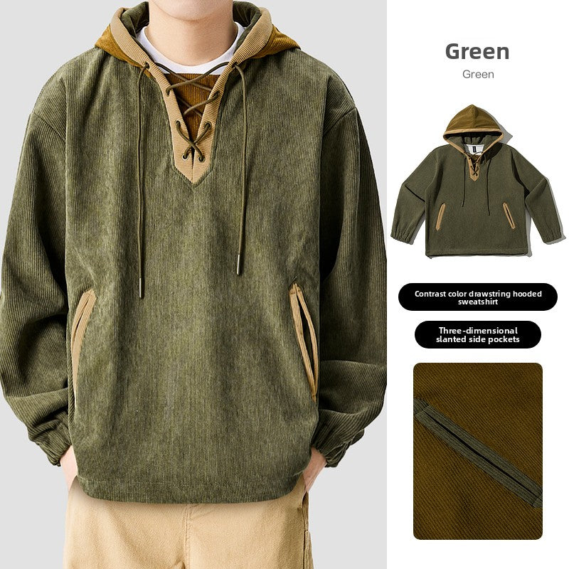 Lazy Day Corduroy Color-Block Hoodie – Retro American Loose Casual Top