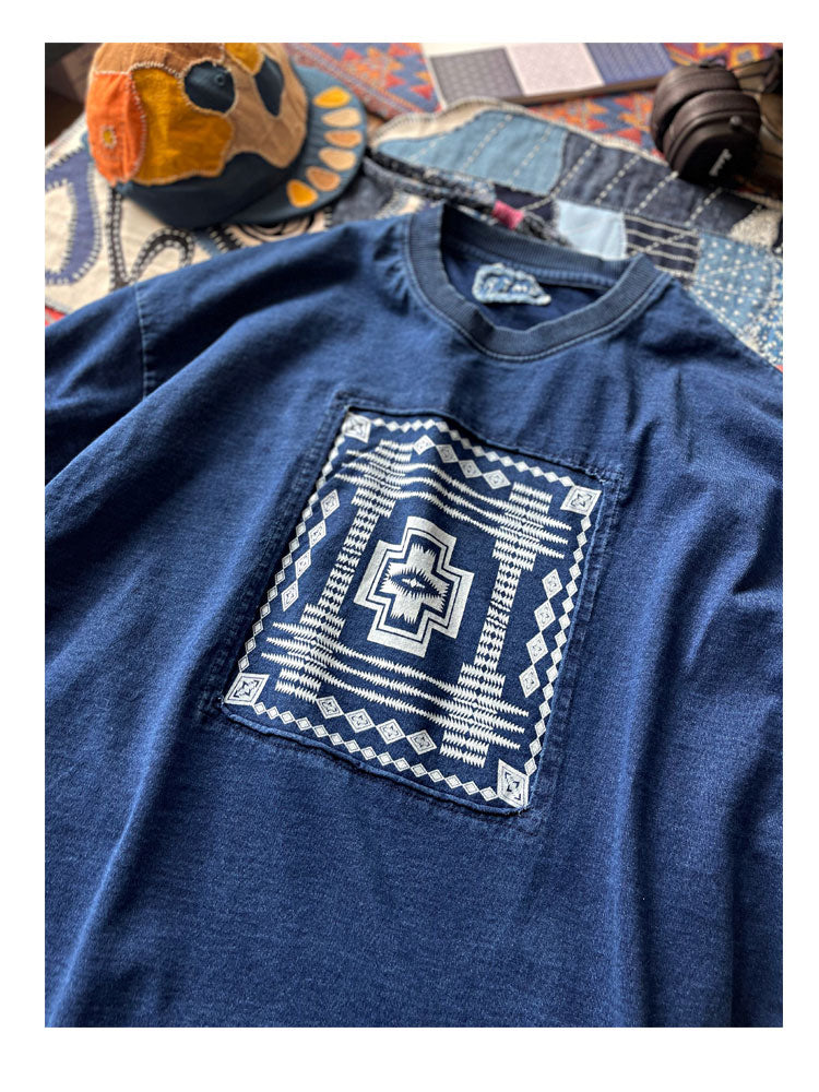 Japanese Retro Indigo Batik Craft Ethnic Style Patchwork Heavy Cotton Loose Fit Oversized T-Shirt for Men Summer Tee
