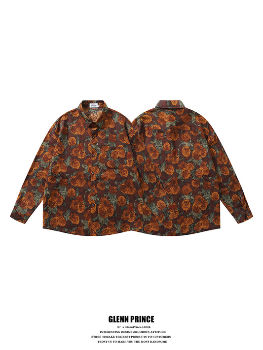 American Retro Oil Painting Floral Full Print Long Sleeve Shirt for Men, Autumn Street Style Loose Casual Floral Shirt