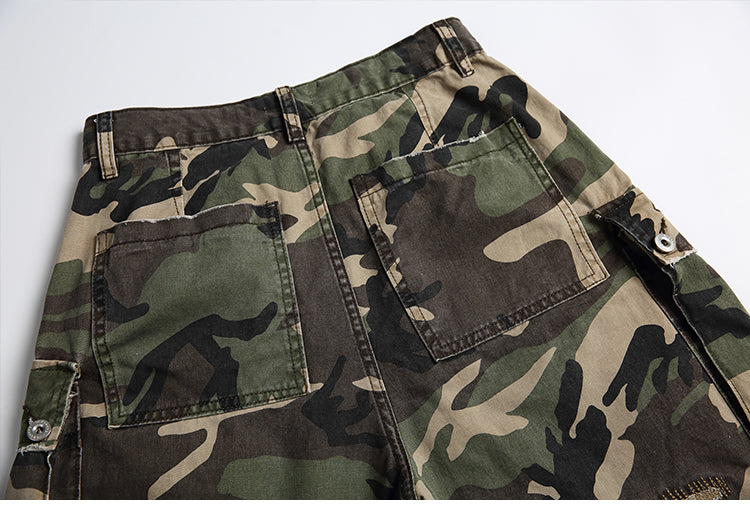 Men's American Street Retro Cargo Pants - Camouflage Heavy Washed Ripped Straight-Leg Pants