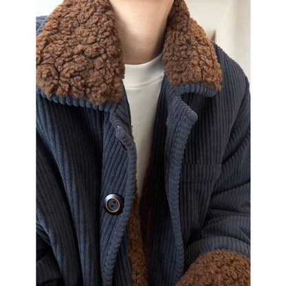 Dannyandzee Navy Blue Corduroy Plush Jacket - Coffee Cloud Warm Coat (Unisex)