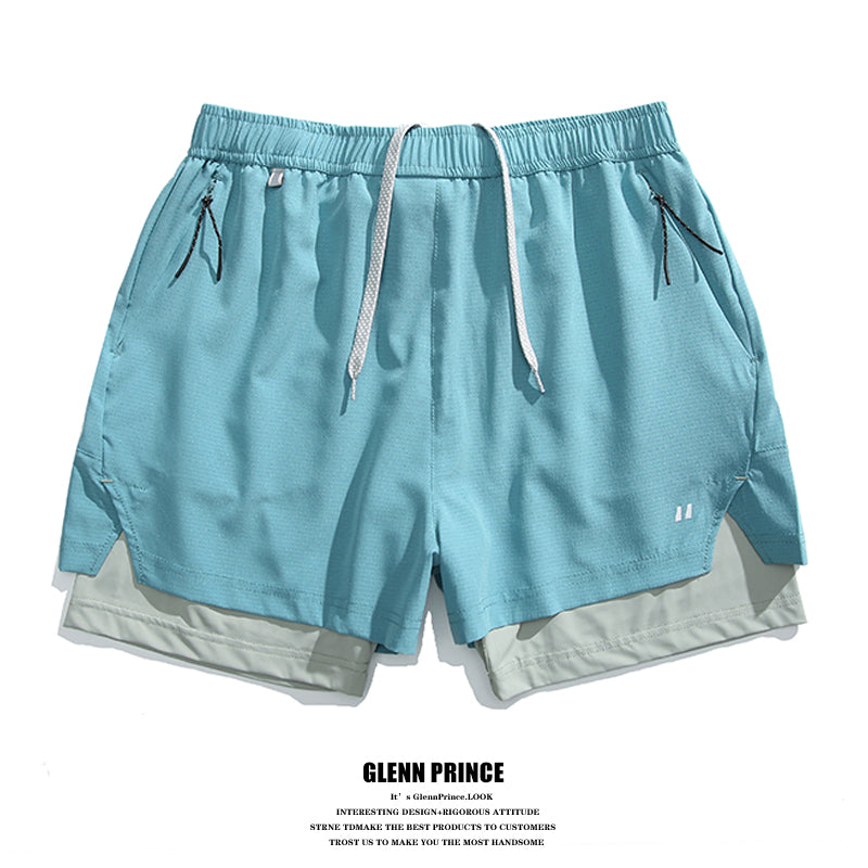 Summer Outdoor Fake Two-Piece Double-Layer Running Sports Shorts for Men Anti-Exposure Quick-Dry Cycling Training Shorts