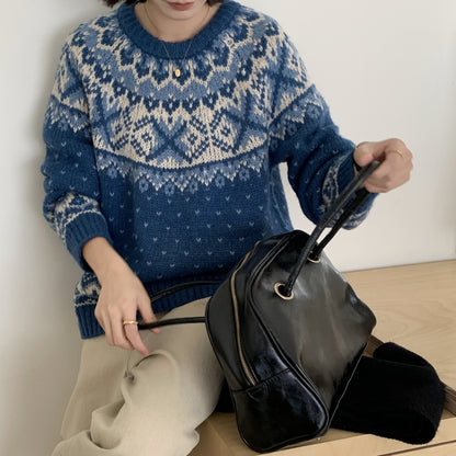 Women's Iceland Blue Fair Isle Jacquard Sweater - Retro Christmas Color Block Loose Warm Pullover